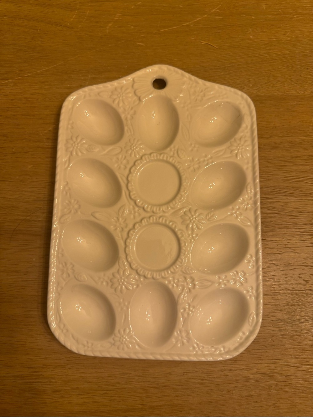 Vintage White Ceramic Deviled Egg Plate | Embossed Floral Egg Serving Tray